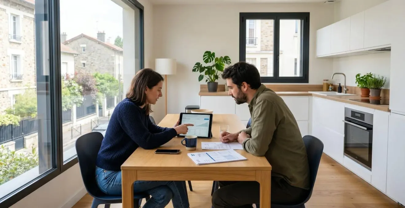 Un couple dans la trentaine assis à une table de cuisine moderne consulte ensemble une tablette, échangeant discrètement sur leur projet immobilier