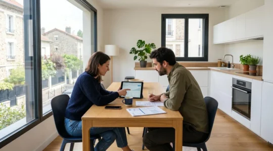 Un couple dans la trentaine assis à une table de cuisine moderne consulte ensemble une tablette, échangeant discrètement sur leur projet immobilier