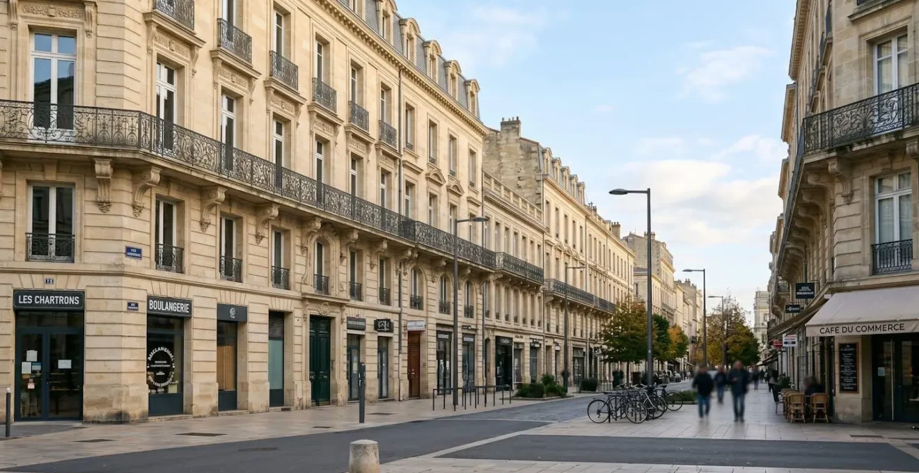 Façade d'immeubles bordelais typiques en pierre de taille, architecture haussmannienne du quartier des Chartrons, lumière douce de fin d'après-midi