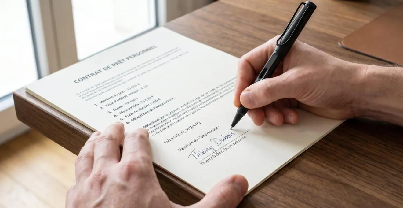 Gros plan sur des mains tenant un document officiel d'offre de prêt, avec une signature manuscrite en cours d'écriture